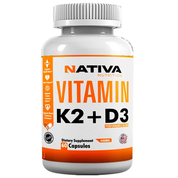 Nativa Nutrition – Vitamin D3 + K2 | D & K Vitamins for Calcium Absorption and Support for Healthy Cardiovascular System & Arteries | Non-GMO & No Soy | 60 CT