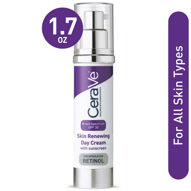 CeraVe Skin Renewing Anti-Aging Face Cream with Retinol & Broad Spectrum Sunscreen, Fragrance Free, SPF 30, 1.76 oz