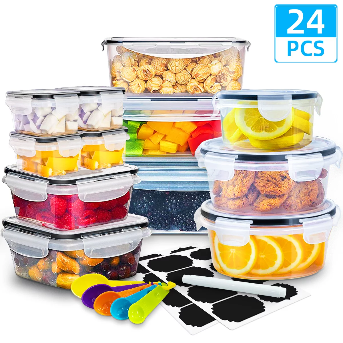 24 Pcs Food Storage Containers Set with Lids – BPA-Free Airtight Plastic Containers for Pantry & Kitchen Organization, Meal Prep, Lunch Containers with Free Labels & Marker (12 Lids + 12 Containers)