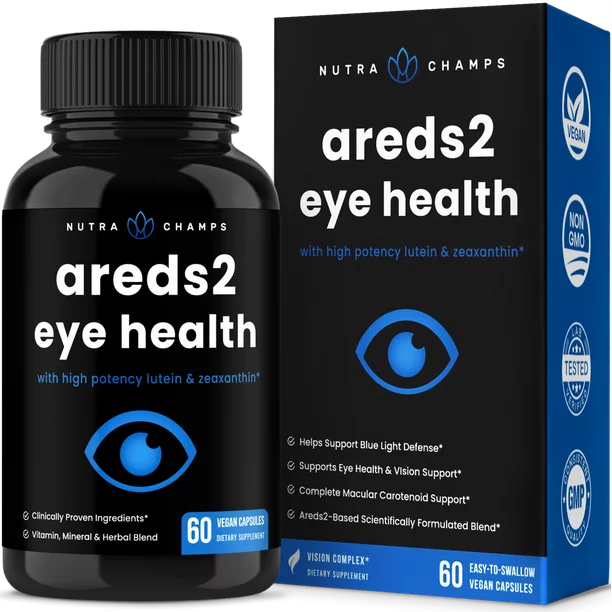 NutraChamps Eye Vitamins with Lutein and Zeaxanthin – AREDS 2 Formula for Strain, Dry Eyes & Vision Support – AREDS2 Eye Health Ocular Care Supplement with Bilberry Extract Powder