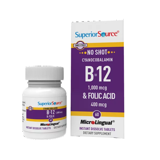 Superior Source No Shot Vitamin B12 Cyanocobalamin (1000 mcg), Folic Acid (400 mcg), Quick Dissolve Sublingual Tablets, 60 Ct