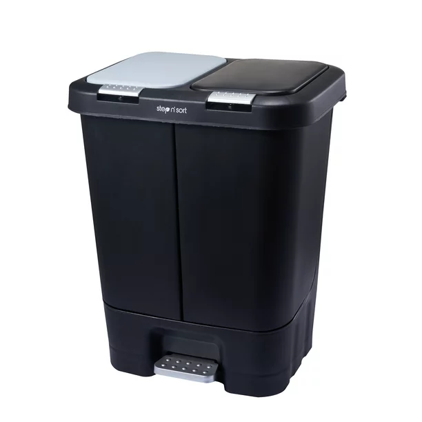 Step N’ Sort Dual Plastic Trash and Recycle Bin with Slow Close Lid, Black, 11 gal